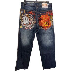 Vintage 5ive Jungle Mens Embroidered Denim Jeans 34 Waist Cotton Lion